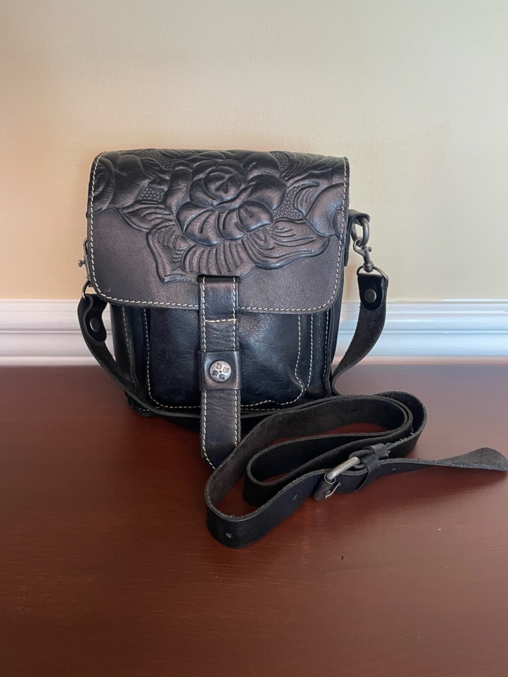 Patricia Nash Embossed Floral Black Leather Crossbody Bag